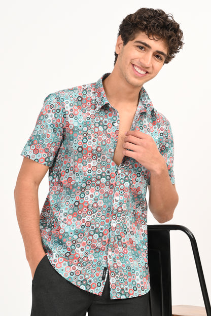 Multicolor Hexagon Print Half Sleeve Casual Shirt - IVYN