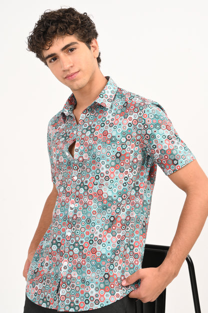 Multicolor Hexagon Print Half Sleeve Casual Shirt - IVYN