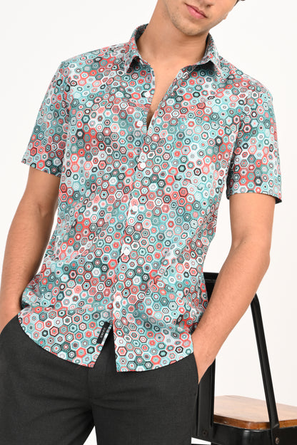 Multicolor Hexagon Print Half Sleeve Casual Shirt - IVYN