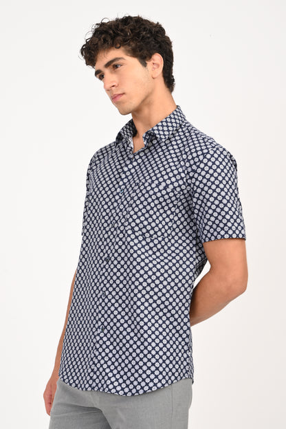 Navy Star Print Half Sleeve Casual Shirt - IVYN
