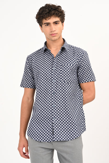 Navy Star Print Half Sleeve Casual Shirt - IVYN
