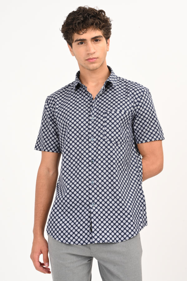 Navy Star Print Half Sleeve Casual Shirt