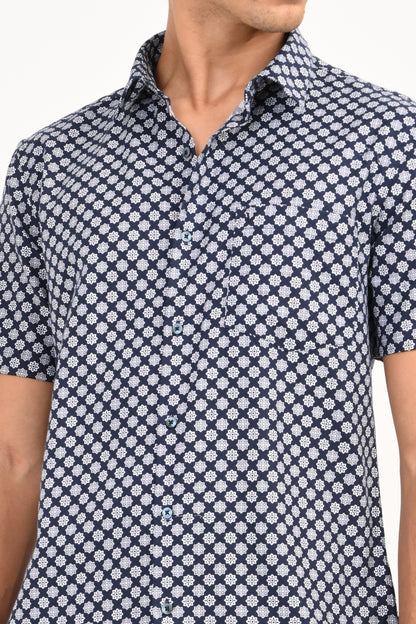 Navy Star Print Half Sleeve Casual Shirt - IVYN
