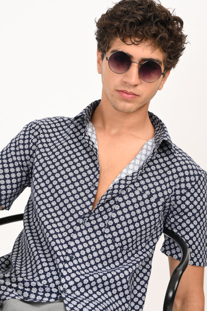 Navy Star Print Half Sleeve Casual Shirt - IVYN