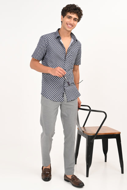 Navy Star Print Half Sleeve Casual Shirt - IVYN