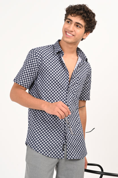 Navy Star Print Half Sleeve Casual Shirt - IVYN