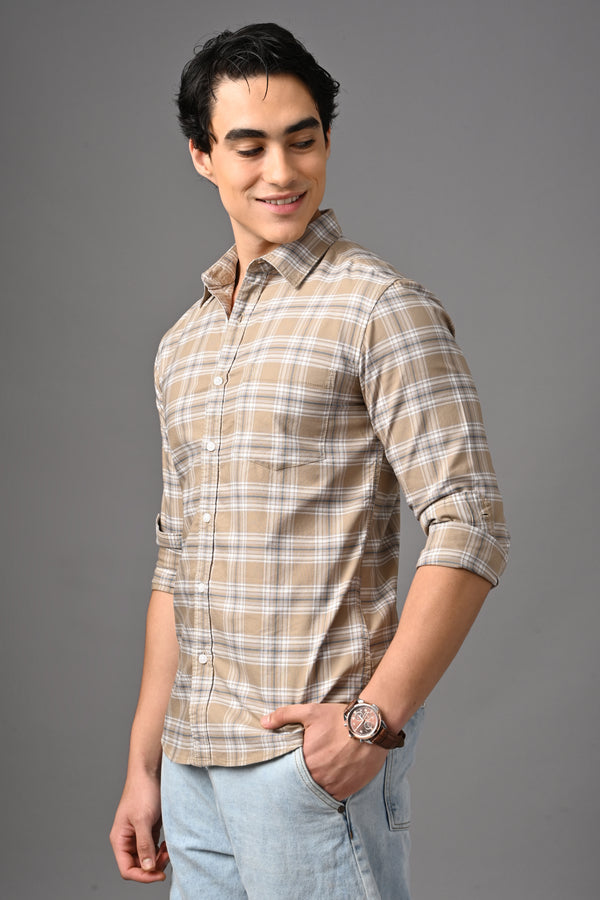 Checked Cotton Casual Shirt - Beige Sand