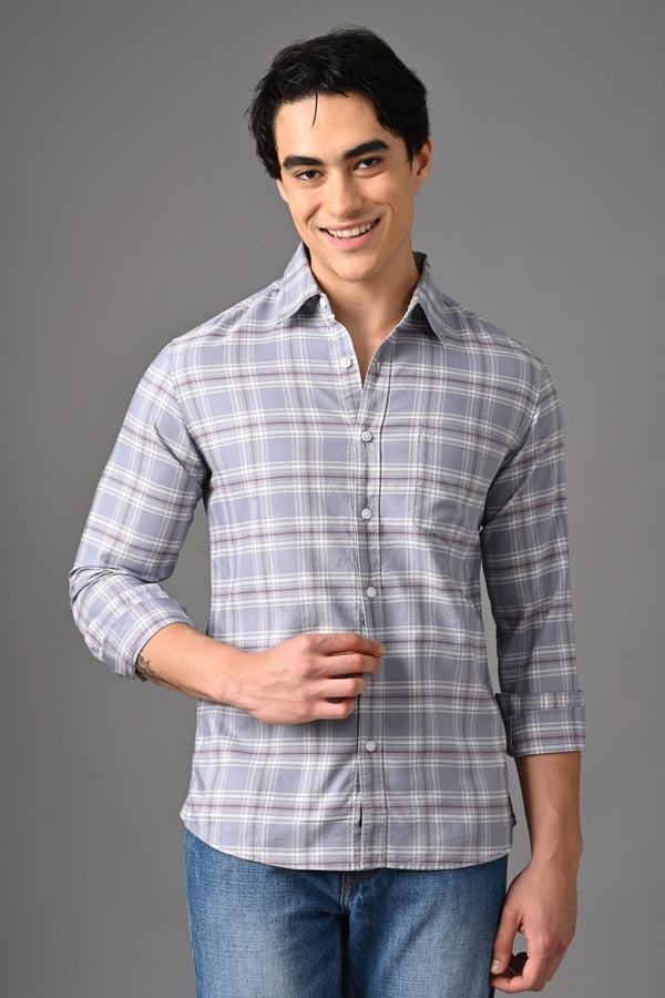 Checked Cotton Casual Shirt - Lavender Grey