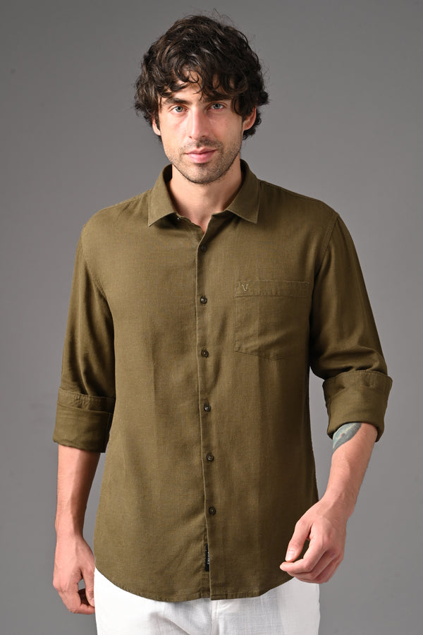Linen Full Sleeves Shirt - Olive Green