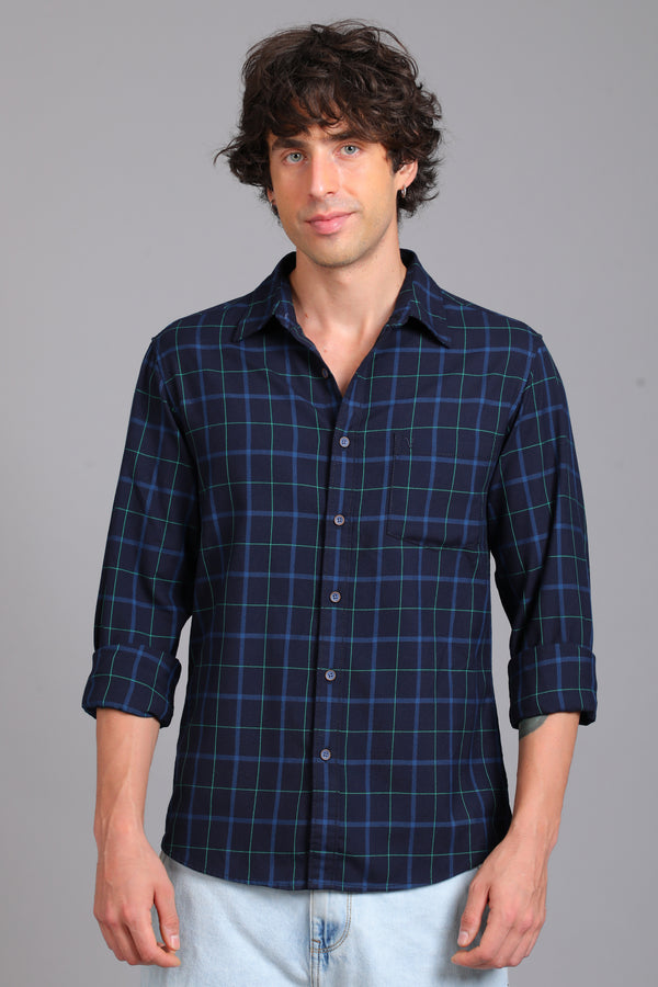 Checked Cotton Casual Shirt - Navy Blue