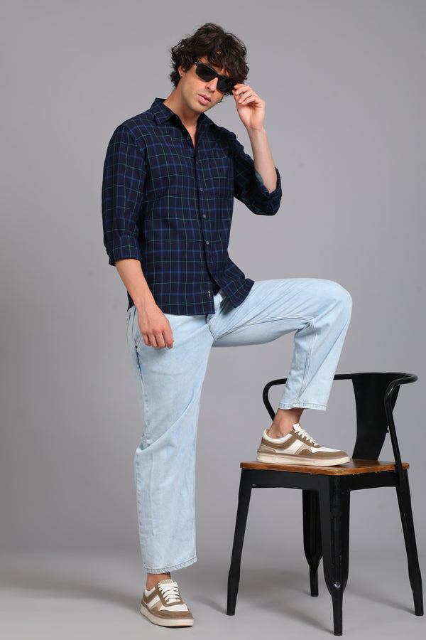 Checked Cotton Casual Shirt - Navy Blue alternate view