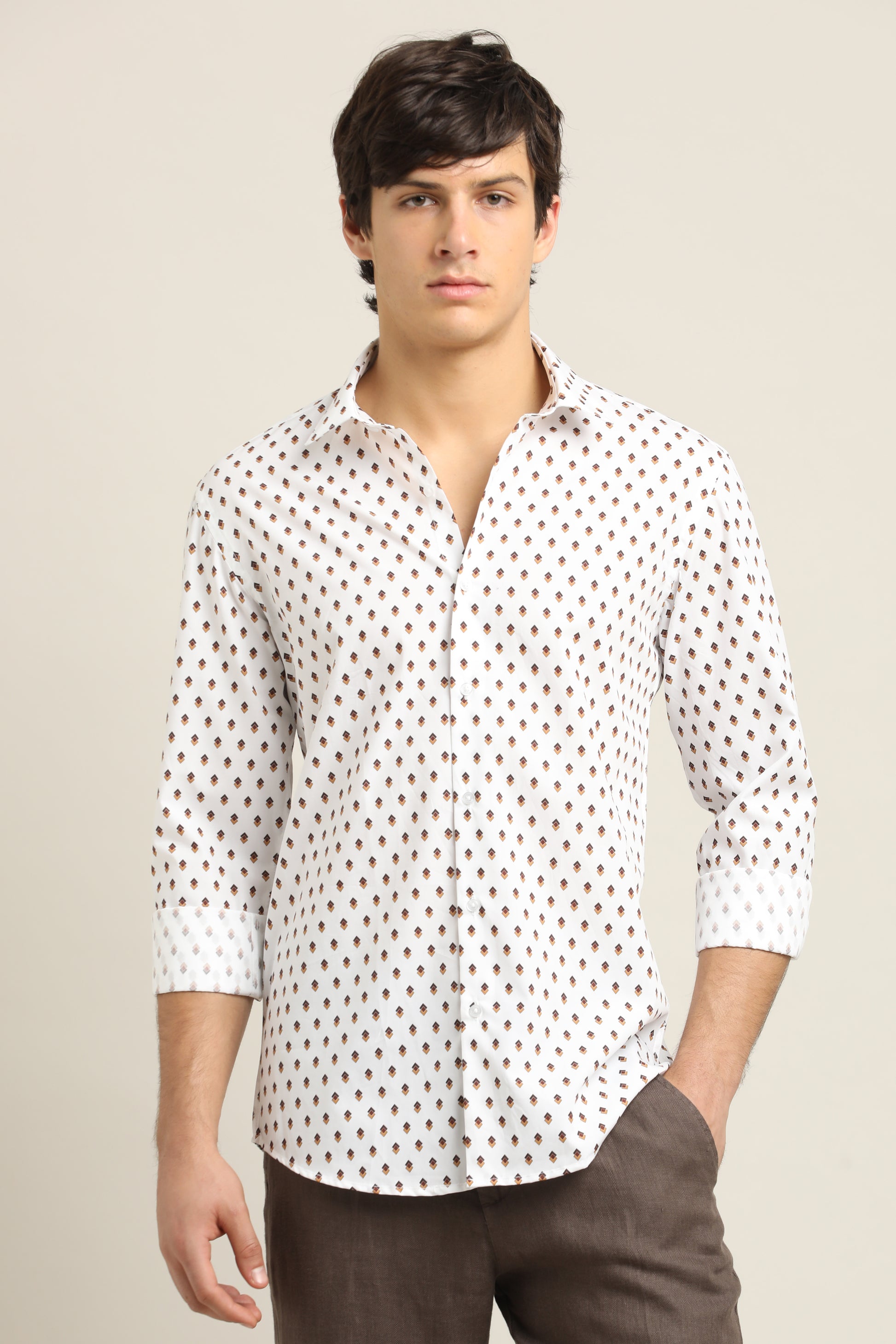 Ivory Tan Geo-Print TENCEL Shirt - IVYN