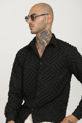 Black Classic Slim Fit Self Design Textured Casual Shirt - IVYN