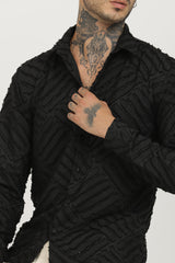 Black Classic Slim Fit Self Design Textured Casual Shirt - IVYN