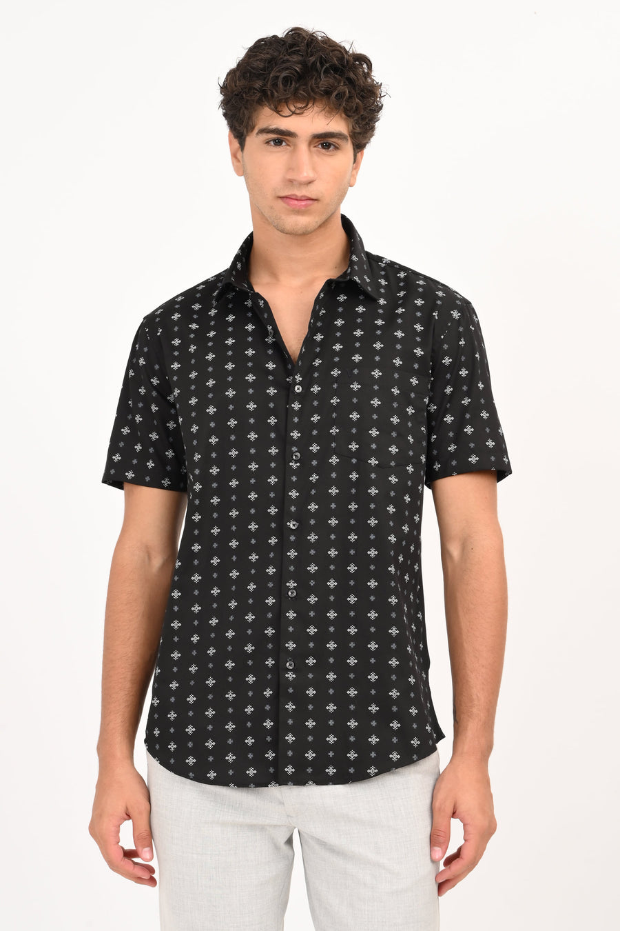 Black Printed Half Sleeve Casual Shirt - IVYN