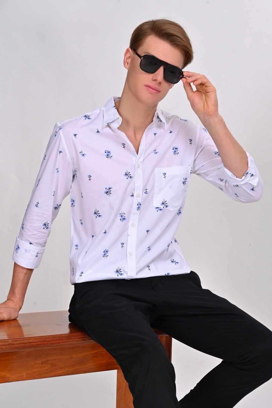 White and Blue Floral Printed Shirt - IVYN