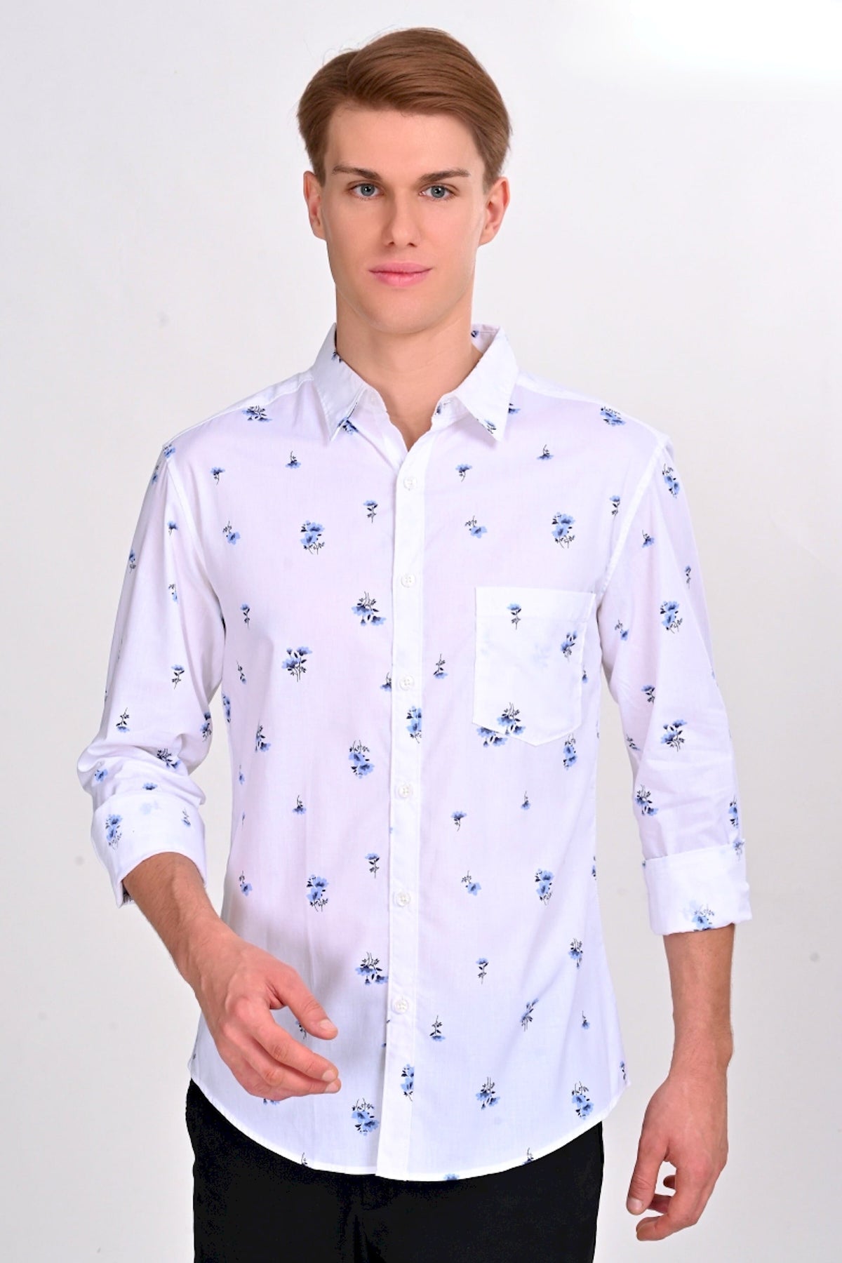 White and Blue Floral Printed Shirt