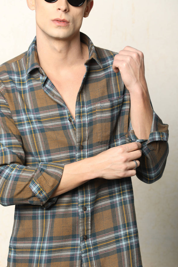Brown & Blue Checked Casual Shirt (image 1)