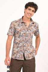 Brown & Blue Geometric Print Half Sleeves Casual Shirt - IVYN