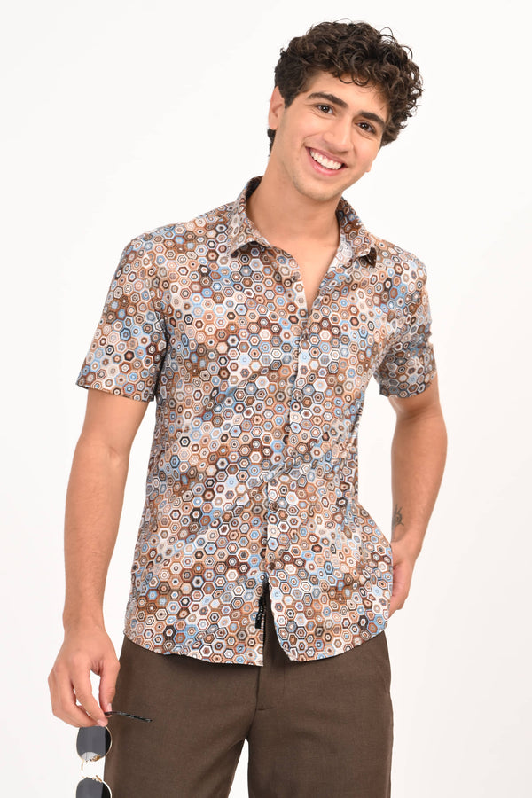 Brown & Blue Geometric Print Half Sleeves Casual Shirt (image 4)
