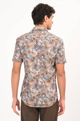 Brown & Blue Geometric Print Half Sleeves Casual Shirt - IVYN