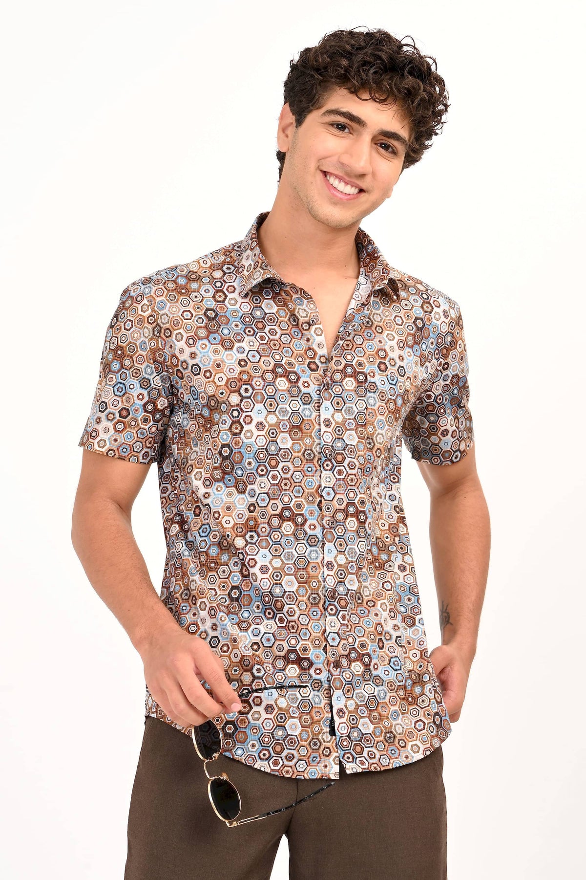 Brown & Blue Geometric Print Half Sleeves Casual Shirt