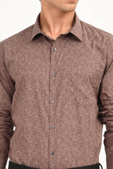 Brown Leaf Print Full Sleeve Casual Shirt - IVYN