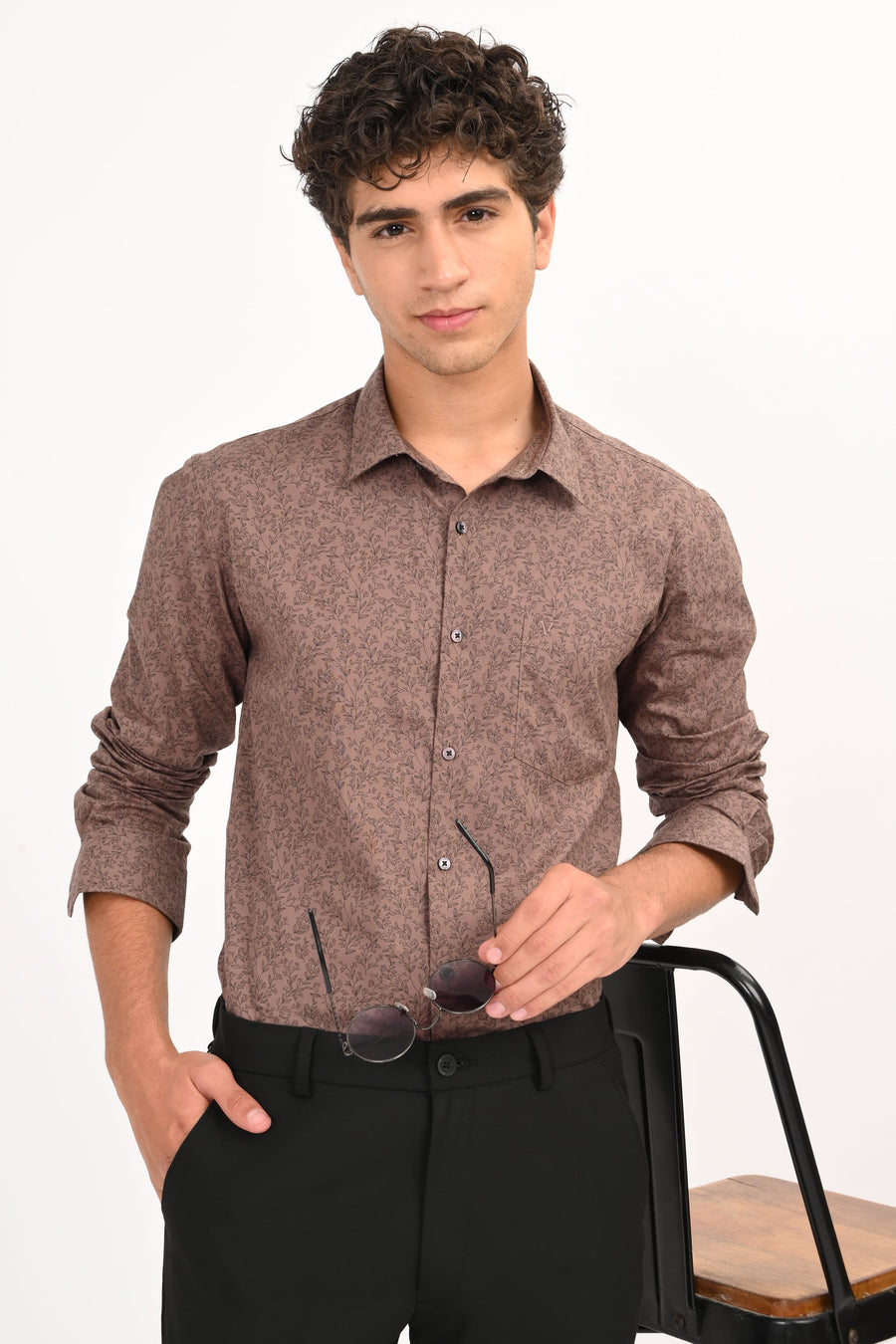 Brown Leaf Print Full Sleeve Casual Shirt - IVYN