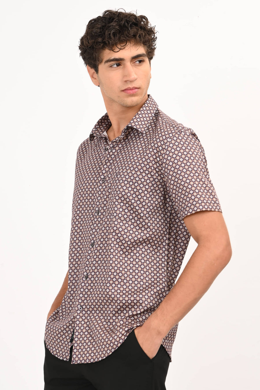 Brown Printed Half Sleeve Casual Shirt - IVYN