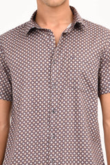 Brown Printed Half Sleeve Casual Shirt - IVYN
