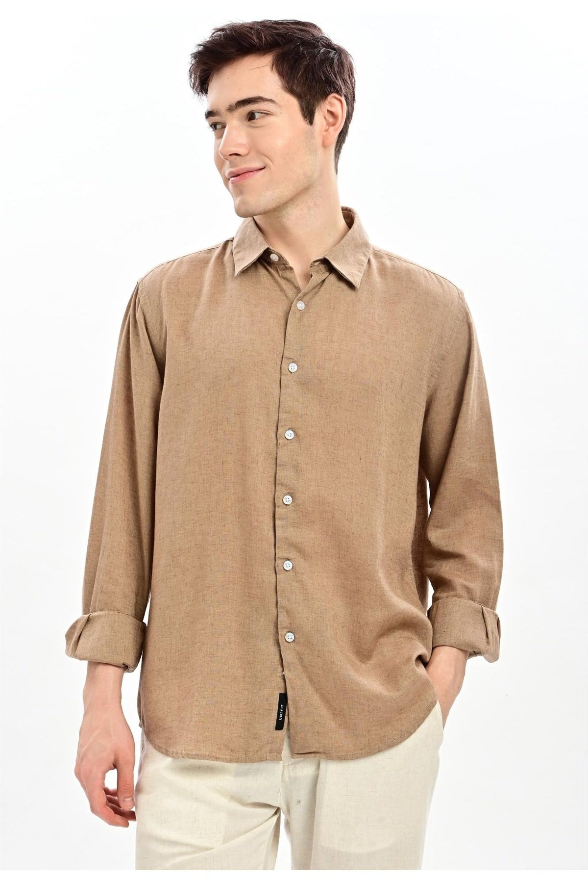 Camel Cotton-Linen Relaxed Fit Shirt