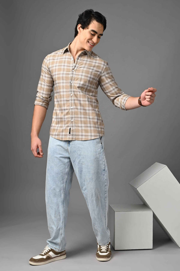 Checked Cotton Casual Shirt - Beige Sand alternate view