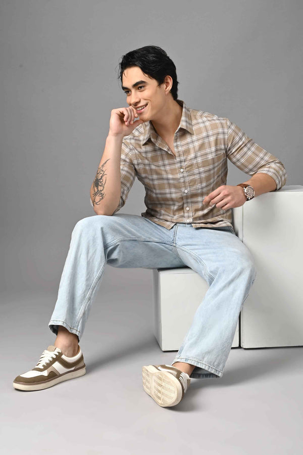 Checked Cotton Casual Shirt - Beige Sand (image 1)