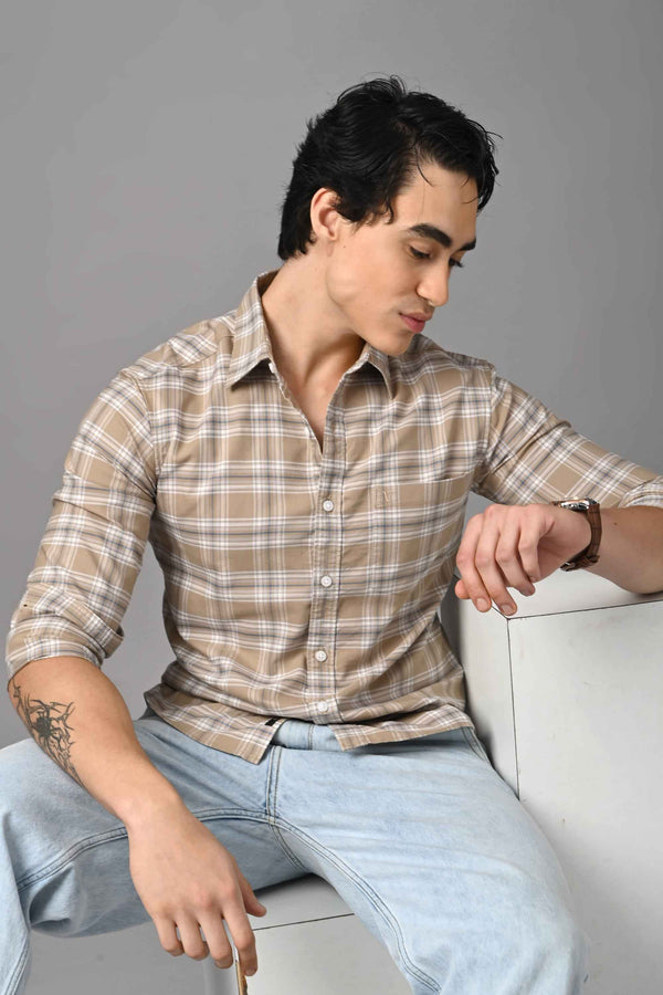 Checked Cotton Casual Shirt - Beige Sand (image 2)