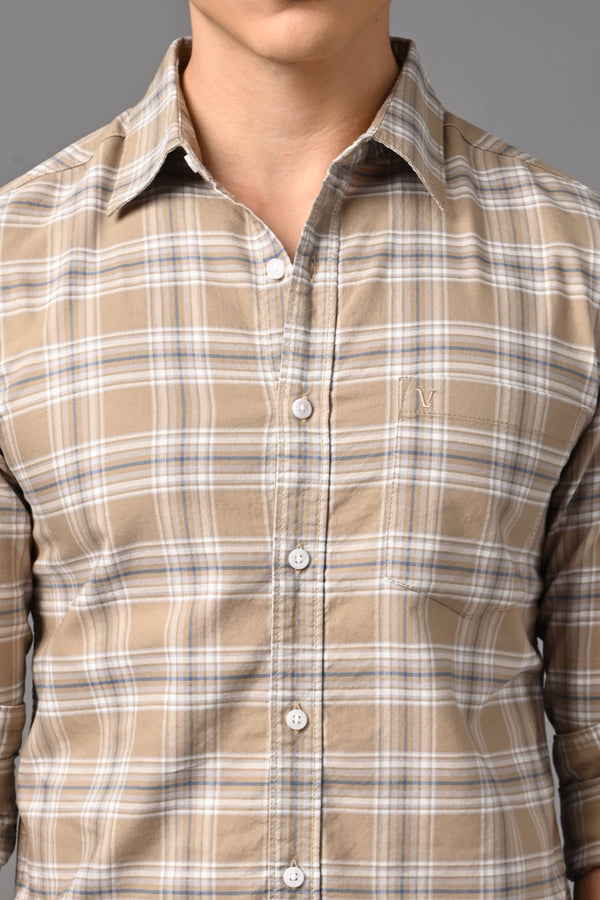 Checked Cotton Casual Shirt - Beige Sand (image 5)