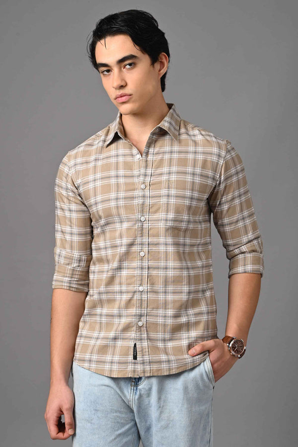 Checked Cotton Casual Shirt - Beige Sand