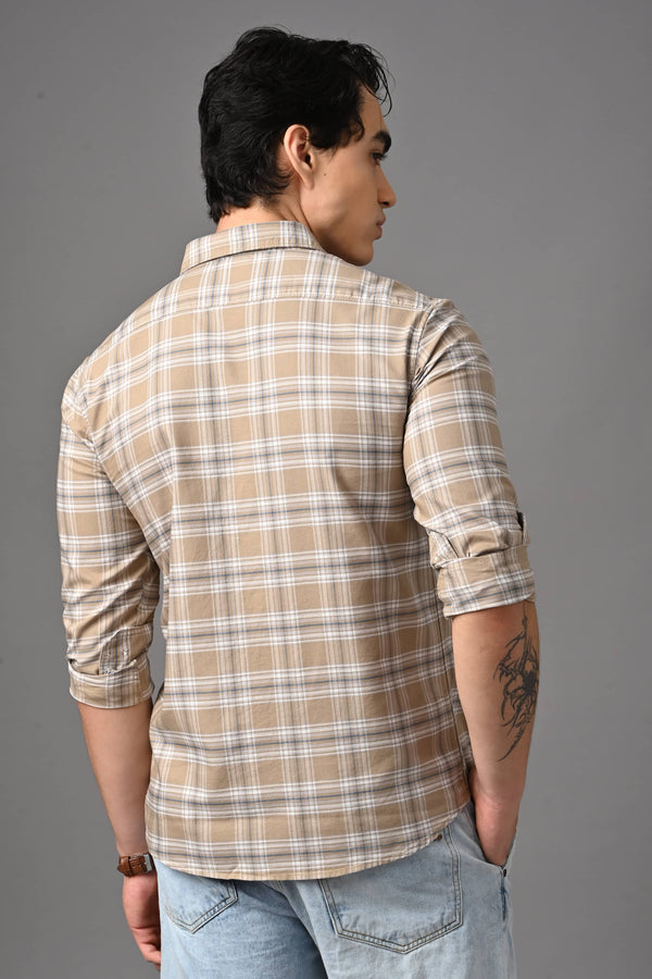 Checked Cotton Casual Shirt - Beige Sand (image 6)