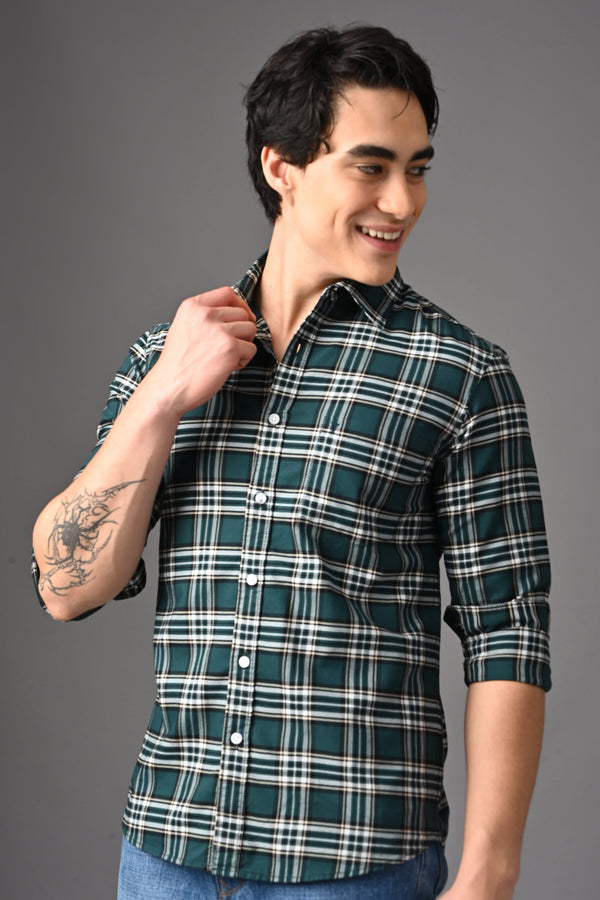 Checked Cotton Casual Shirt - Dark Green (image 2)
