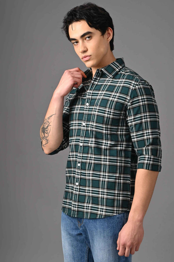 Checked Cotton Casual Shirt - Dark Green alternate view