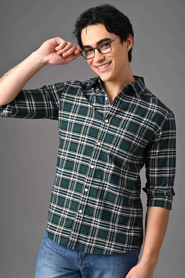 Checked Cotton Casual Shirt - Dark Green (image 4)