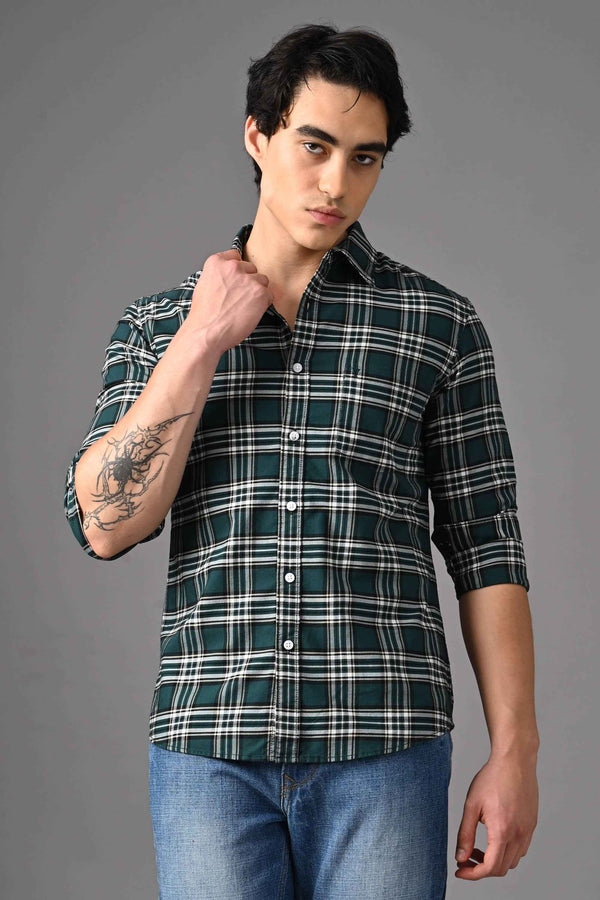 Checked Cotton Casual Shirt - Dark Green