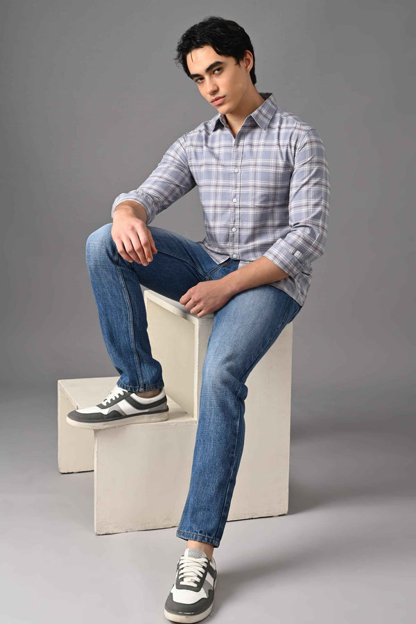 Checked Cotton Casual Shirt - Lavender Grey (image 1)