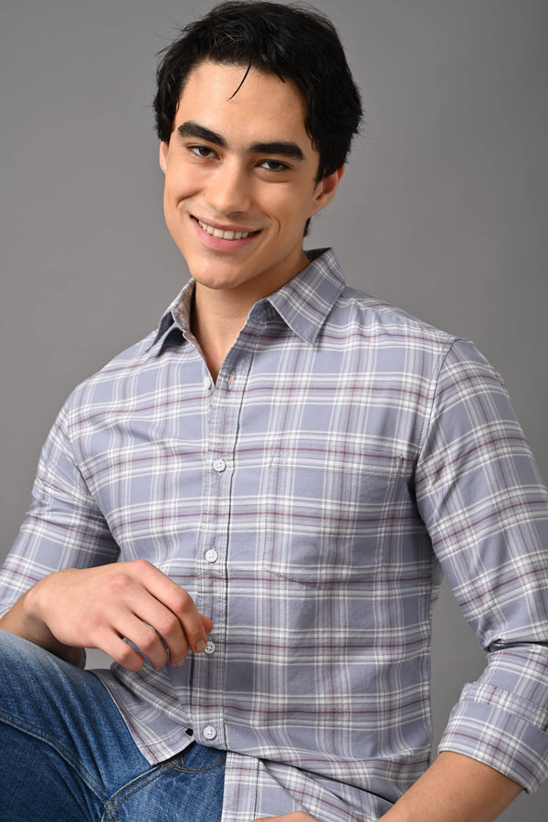 Checked Cotton Casual Shirt - Lavender Grey (image 5)