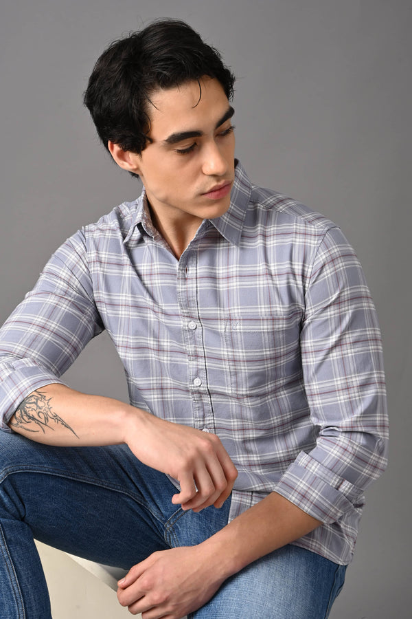 Checked Cotton Casual Shirt - Lavender Grey (image 4)