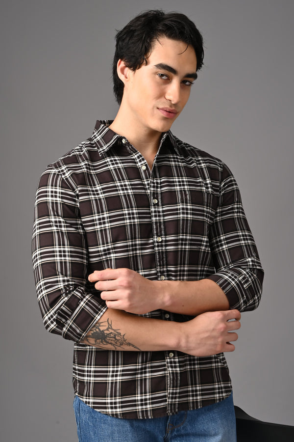 Checked Cotton Casual Shirt - Dark Brown (image 3)