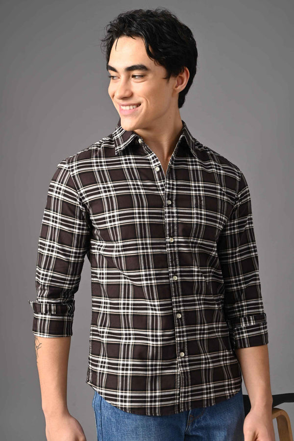 Checked Cotton Casual Shirt - Dark Brown (image 4)