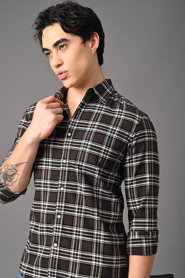 Checked Cotton Casual Shirt - Dark Brown (image 6)