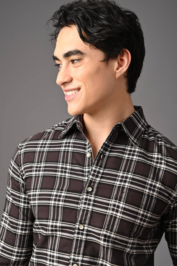 Checked Cotton Casual Shirt - Dark Brown (image 5)