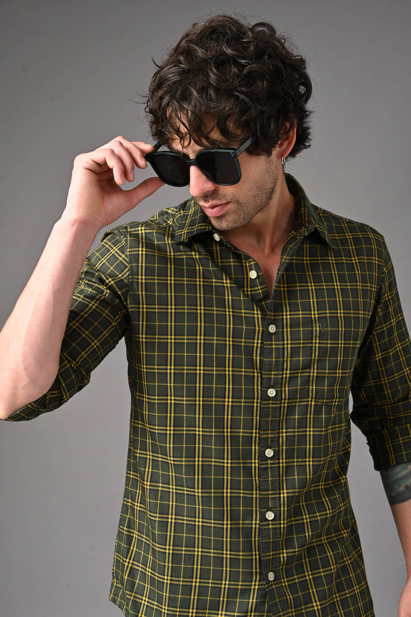 Checked Cotton Casual Shirt - olive green (image 5)
