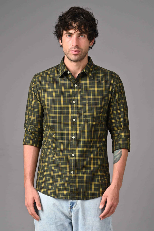 Checked Cotton Casual Shirt - olive green